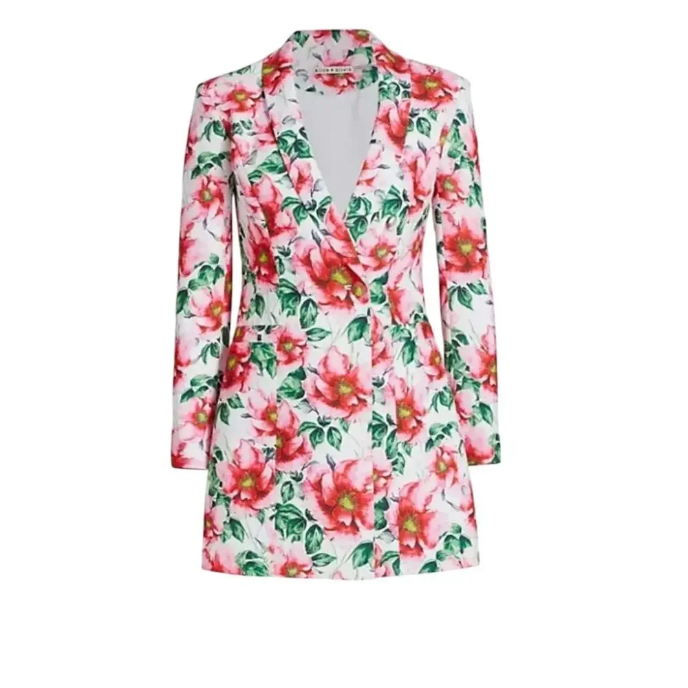 Alice +‎ Olivia Floral Plunge V-Neck Mini Dress Blazer Pink White Green Size 4